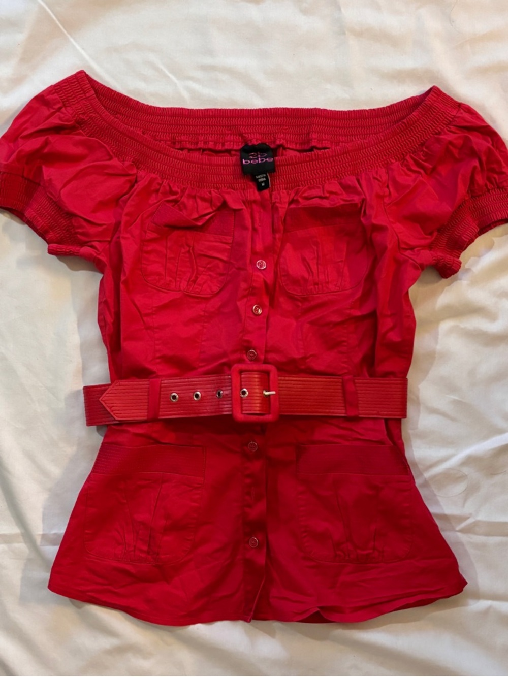 bebe Vintage Red Off-Shoulder Button Front Top with Belt